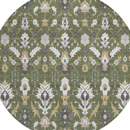 8' Olive Green And Green Round Oriental Washable Indoor Outdoor Area Rug