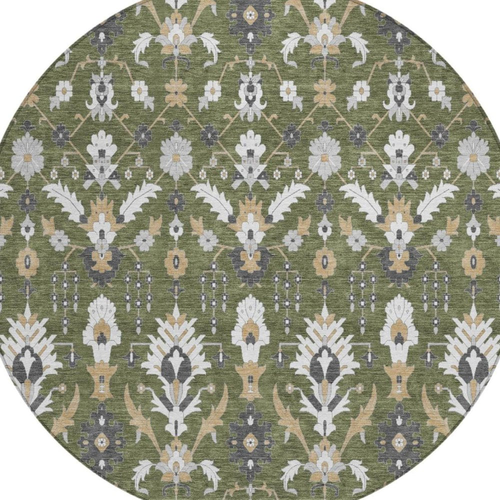 8' Olive Green And Green Round Oriental Washable Indoor Outdoor Area Rug