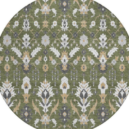 8' Olive Green And Green Round Oriental Washable Indoor Outdoor Area Rug