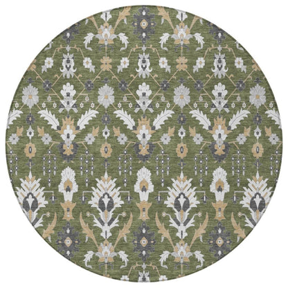 8' Olive Green And Green Round Oriental Washable Indoor Outdoor Area Rug