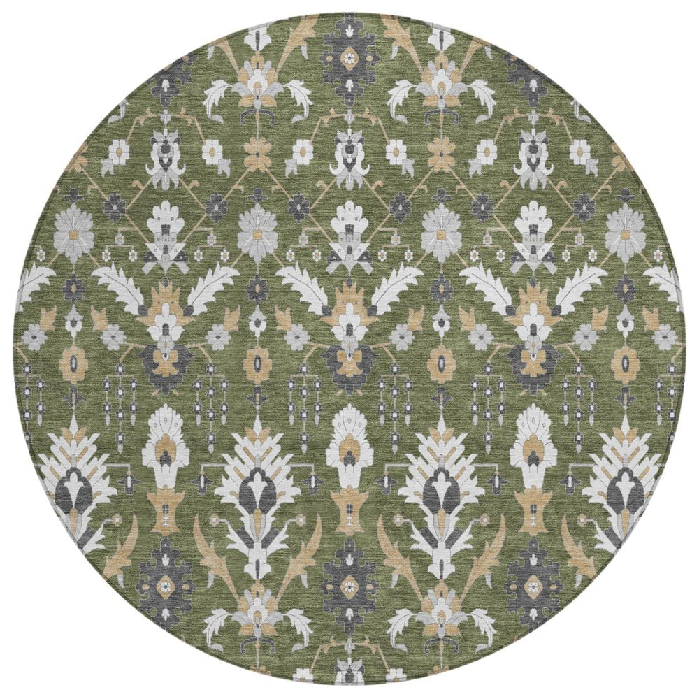8' Olive Green And Green Round Oriental Washable Indoor Outdoor Area Rug — view 1