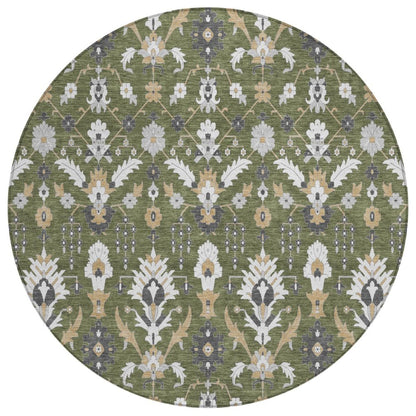 8' Olive Green And Green Round Oriental Washable Indoor Outdoor Area Rug HomeRoots