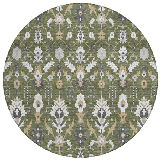 8' Olive Green And Green Round Oriental Washable Indoor Outdoor Area Rug