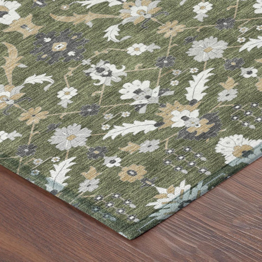 8' Olive Green And Green Round Oriental Washable Indoor Outdoor Area Rug