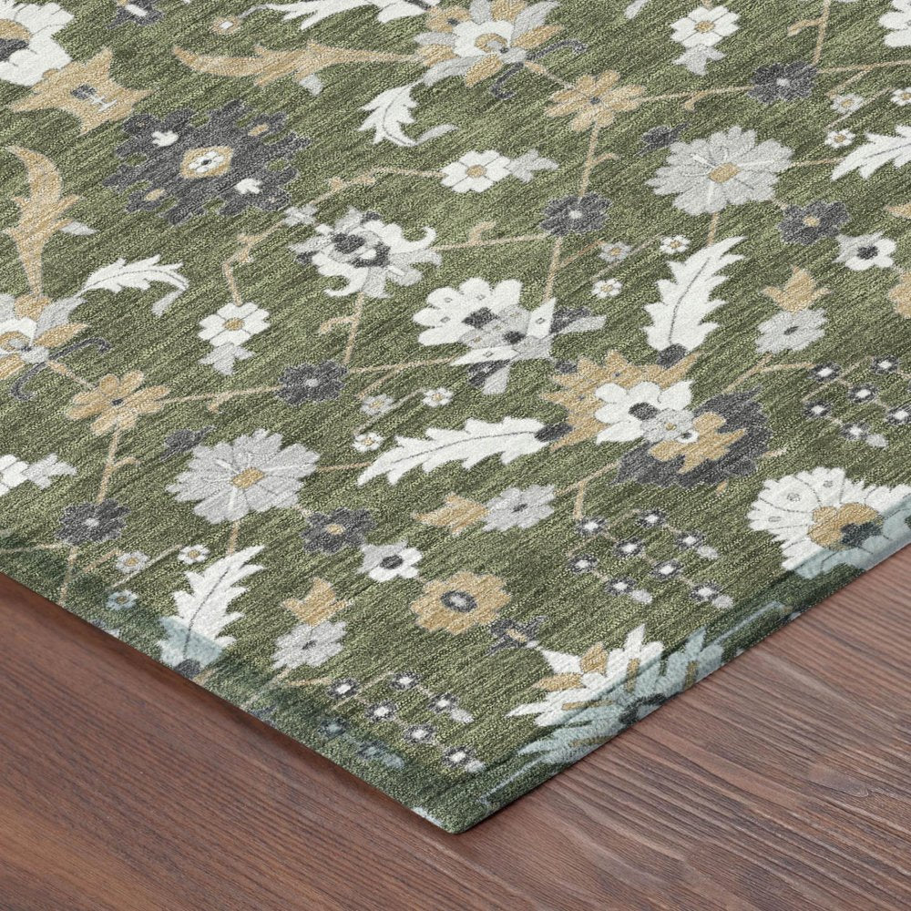 8' Olive Green And Green Round Oriental Washable Indoor Outdoor Area Rug HomeRoots