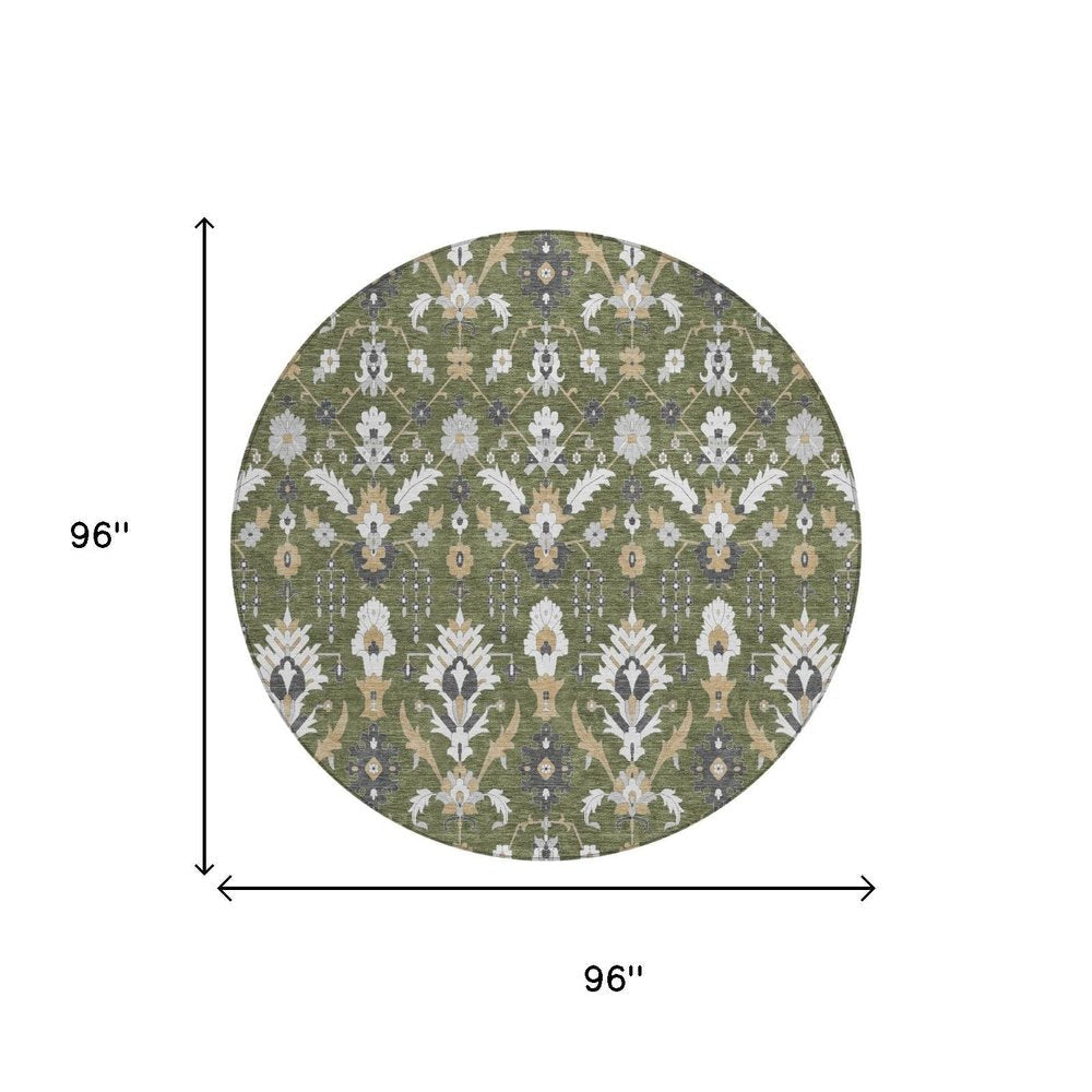 8' Olive Green And Green Round Oriental Washable Indoor Outdoor Area Rug