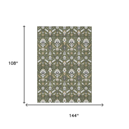 9' X 12' Olive Green And Green Oriental Washable Indoor Outdoor Area Rug HomeRoots