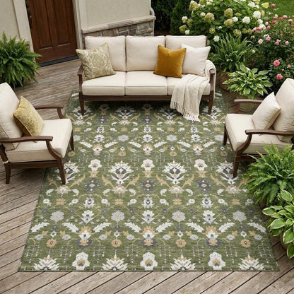 9' X 12' Olive Green And Green Oriental Washable Indoor Outdoor Area Rug HomeRoots