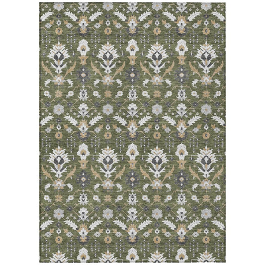9' X 12' Olive Green And Green Oriental Washable Indoor Outdoor Area Rug