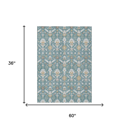 3' X 5' Teal Blue And Silver Oriental Washable Indoor Outdoor Area Rug