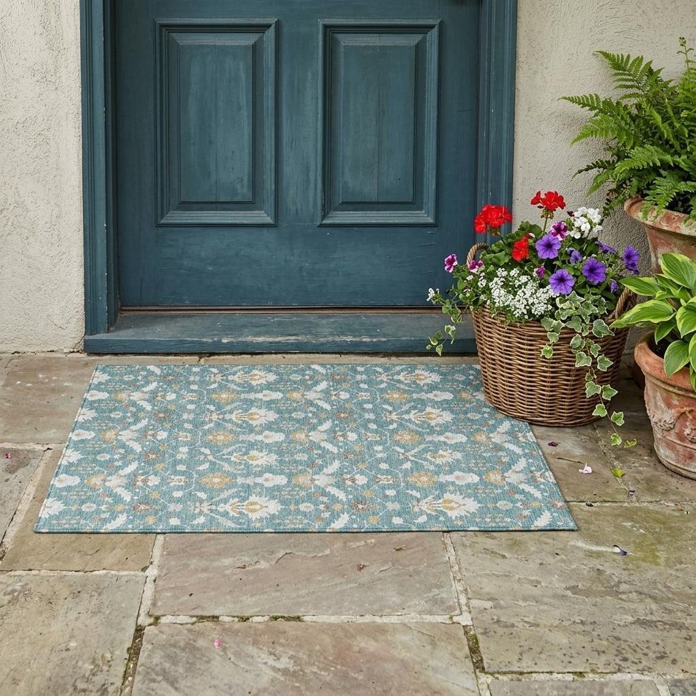 3' X 5' Teal Blue And Silver Oriental Washable Indoor Outdoor Area Rug HomeRoots