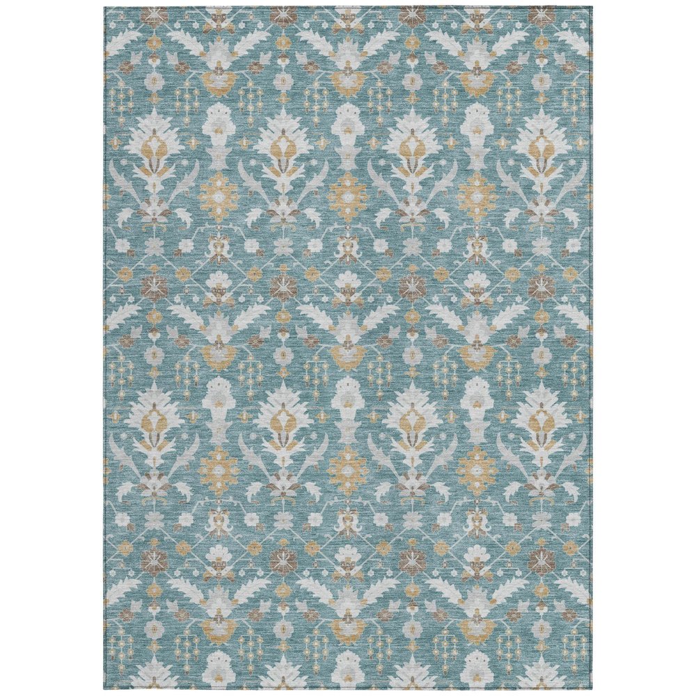 3' X 5' Teal Blue And Silver Oriental Washable Indoor Outdoor Area Rug — view 7