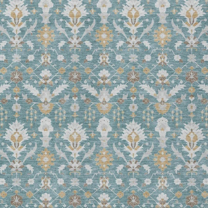 3' X 5' Teal Blue And Silver Oriental Washable Indoor Outdoor Area Rug