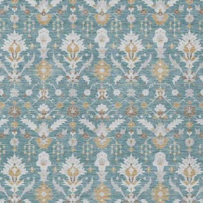 3' X 5' Teal Blue And Silver Oriental Washable Indoor Outdoor Area Rug