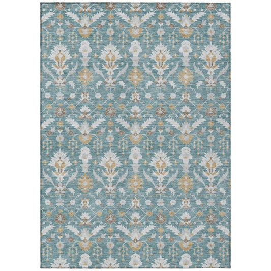 3' X 5' Teal Blue And Silver Oriental Washable Indoor Outdoor Area Rug