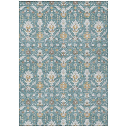 3' X 5' Teal Blue And Silver Oriental Washable Indoor Outdoor Area Rug