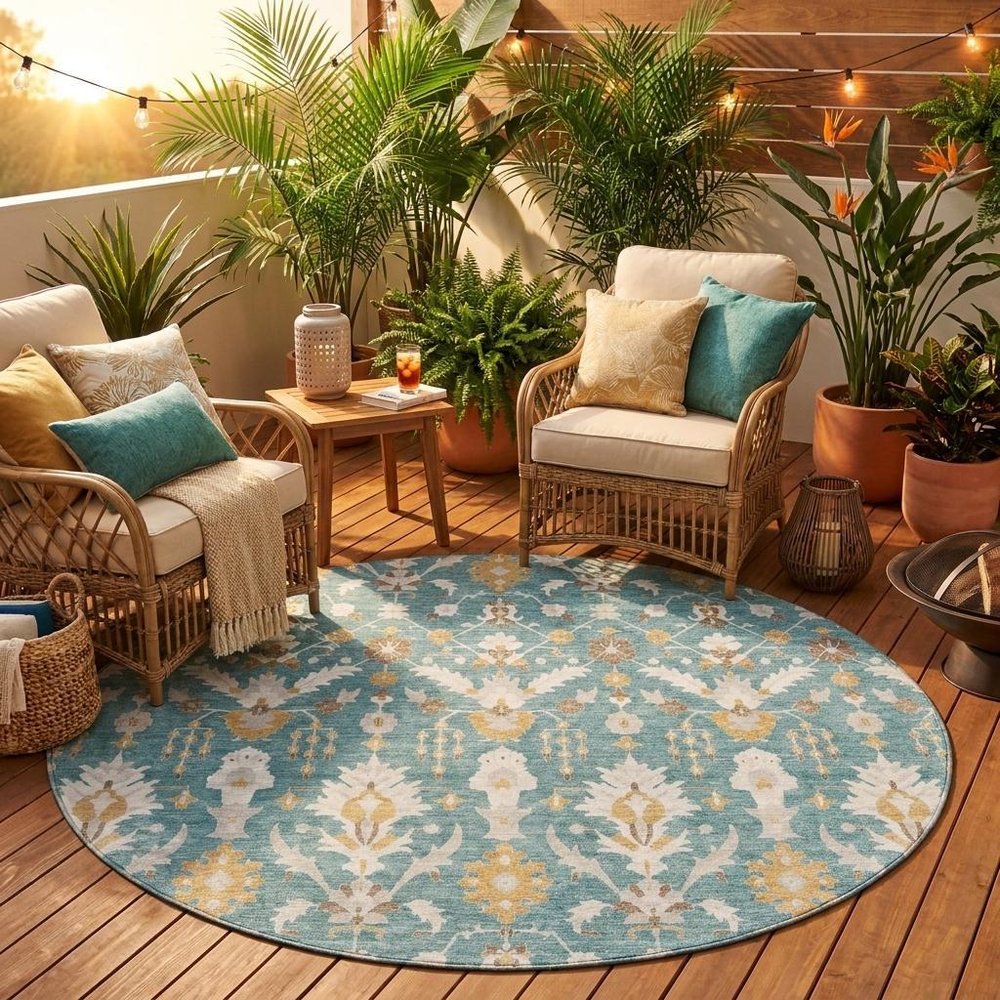 8' Teal Blue And Silver Round Oriental Washable Indoor Outdoor Area Rug HomeRoots