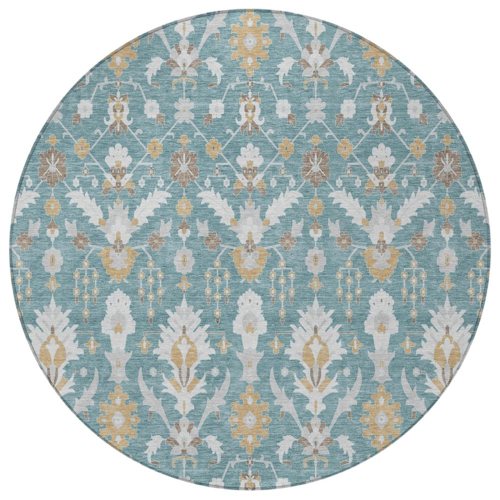 8' Teal Blue And Silver Round Oriental Washable Indoor Outdoor Area Rug