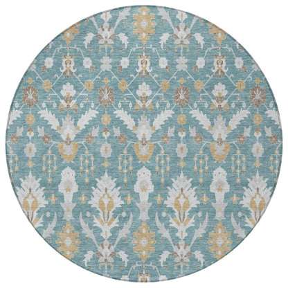 8' Teal Blue And Silver Round Oriental Washable Indoor Outdoor Area Rug