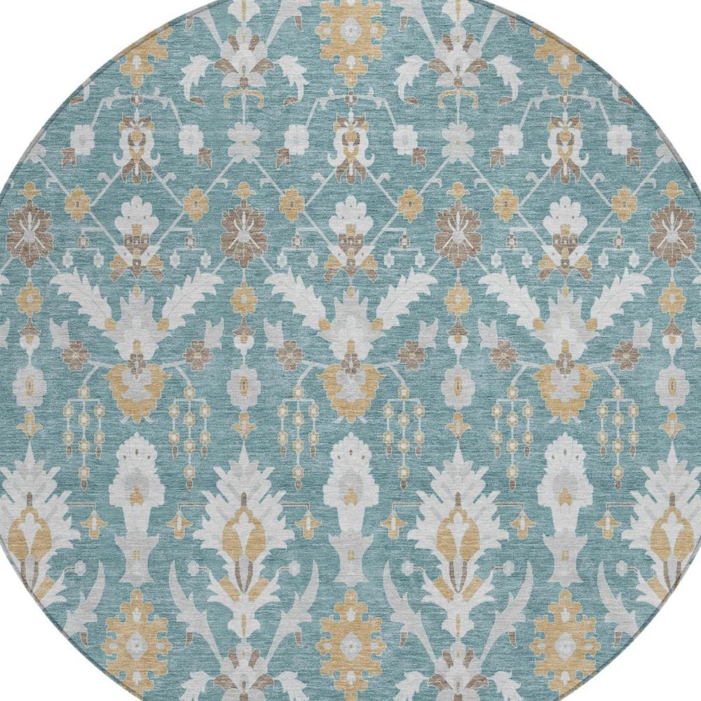 8' Teal Blue And Silver Round Oriental Washable Indoor Outdoor Area Rug — view 8