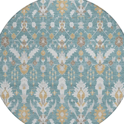 8' Teal Blue And Silver Round Oriental Washable Indoor Outdoor Area Rug