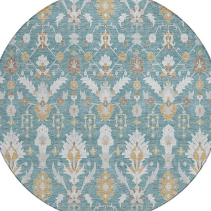 8' Teal Blue And Silver Round Oriental Washable Indoor Outdoor Area Rug