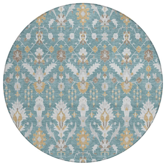 8' Teal Blue And Silver Round Oriental Washable Indoor Outdoor Area Rug