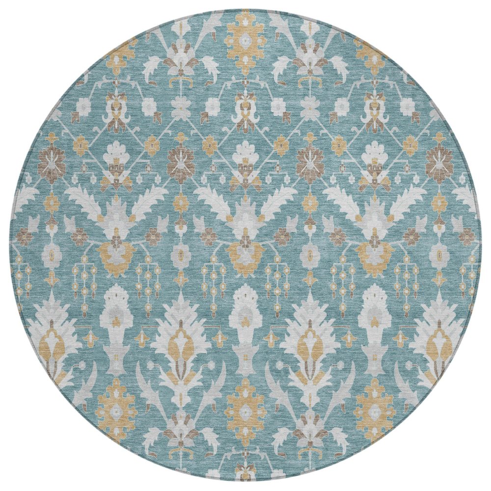 8' Teal Blue And Silver Round Oriental Washable Indoor Outdoor Area Rug