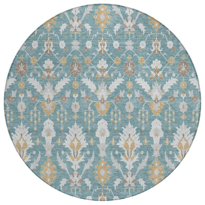 8' Teal Blue And Silver Round Oriental Washable Indoor Outdoor Area Rug
