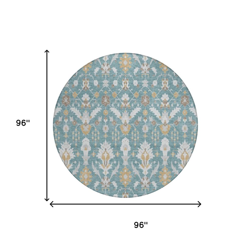 8' Teal Blue And Silver Round Oriental Washable Indoor Outdoor Area Rug
