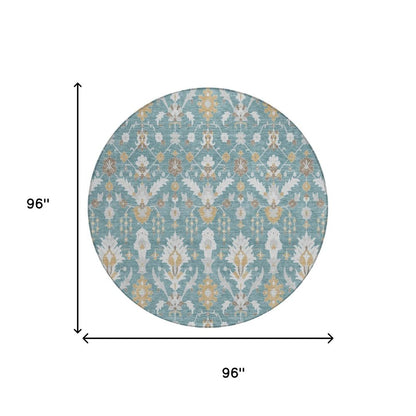 8' Teal Blue And Silver Round Oriental Washable Indoor Outdoor Area Rug