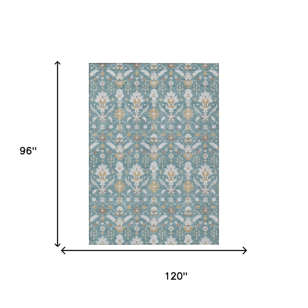 8' X 10' Teal Blue And Silver Oriental Washable Indoor Outdoor Area Rug HomeRoots