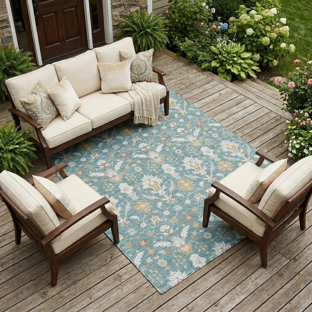 8' X 10' Teal Blue And Silver Oriental Washable Indoor Outdoor Area Rug