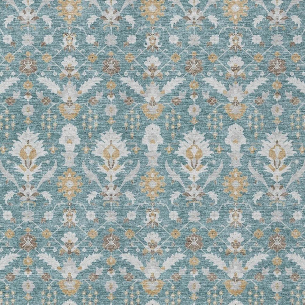 8' X 10' Teal Blue And Silver Oriental Washable Indoor Outdoor Area Rug