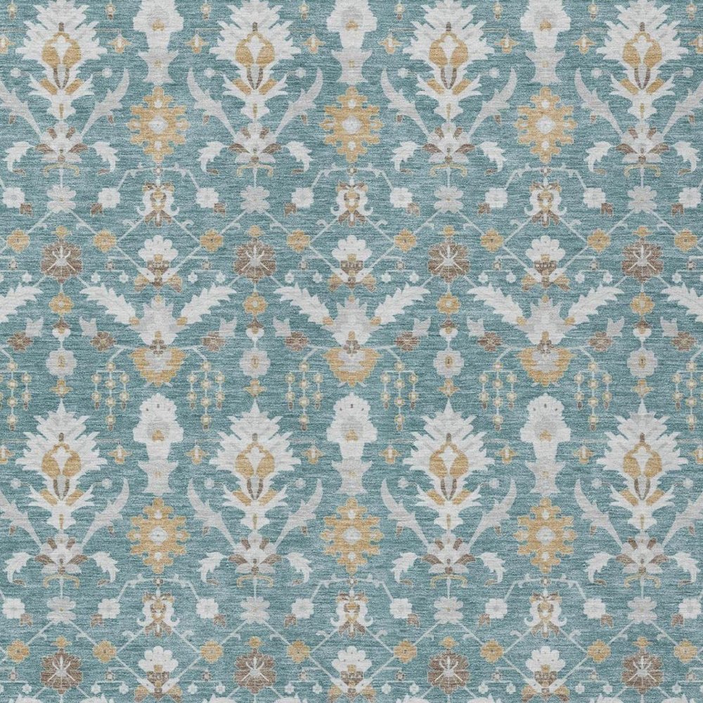 8' X 10' Teal Blue And Silver Oriental Washable Indoor Outdoor Area Rug