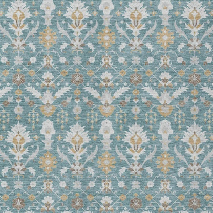 8' X 10' Teal Blue And Silver Oriental Washable Indoor Outdoor Area Rug