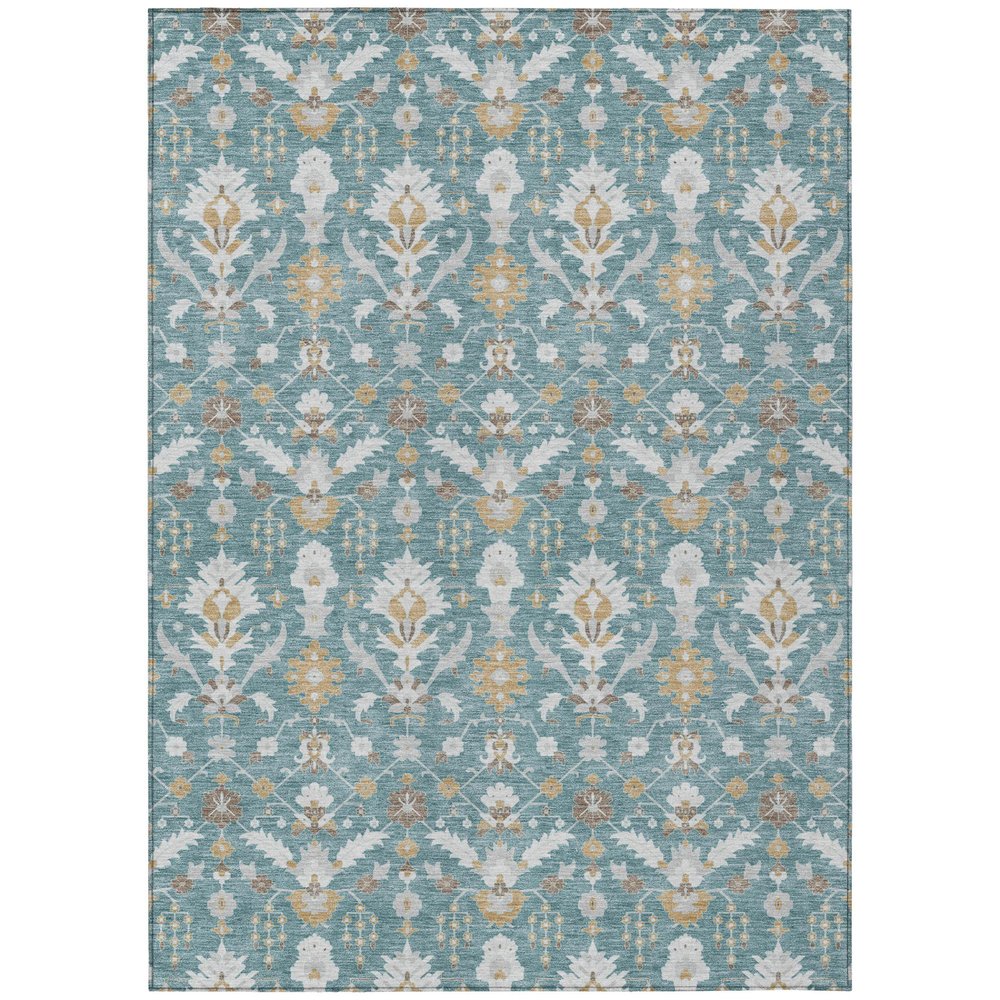 8' X 10' Teal Blue And Silver Oriental Washable Indoor Outdoor Area Rug — view 1
