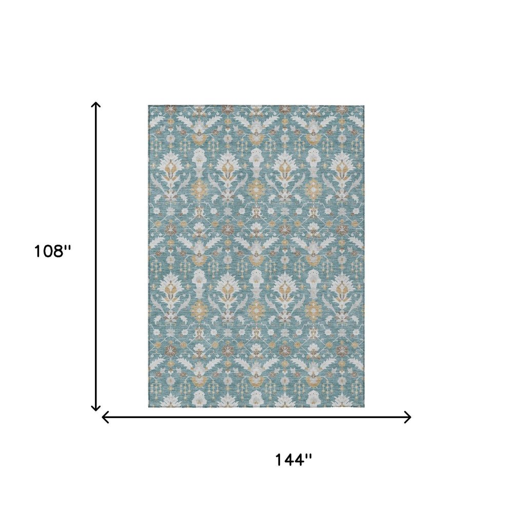 9' X 12' Teal Blue And Silver Oriental Washable Indoor Outdoor Area Rug — view 4