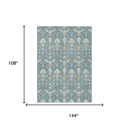 9' X 12' Teal Blue And Silver Oriental Washable Indoor Outdoor Area Rug HomeRoots