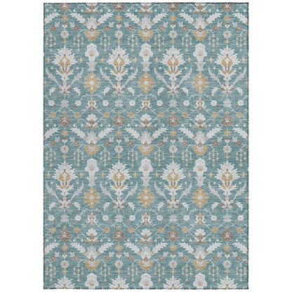 9' X 12' Teal Blue And Silver Oriental Washable Indoor Outdoor Area Rug