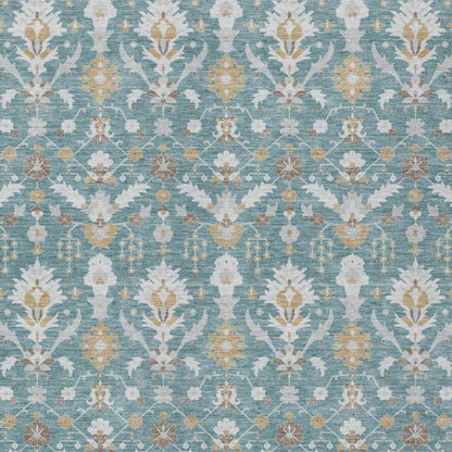 9' X 12' Teal Blue And Silver Oriental Washable Indoor Outdoor Area Rug