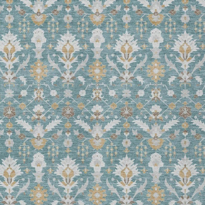 9' X 12' Teal Blue And Silver Oriental Washable Indoor Outdoor Area Rug