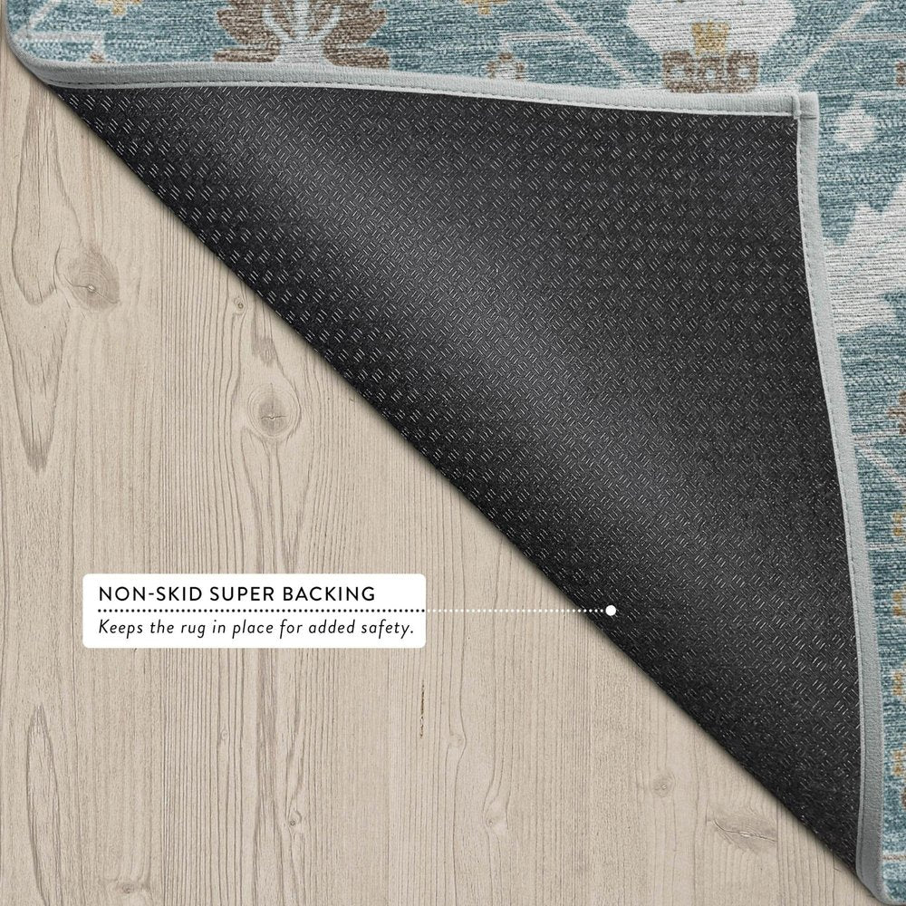 9' X 12' Teal Blue And Silver Oriental Washable Indoor Outdoor Area Rug