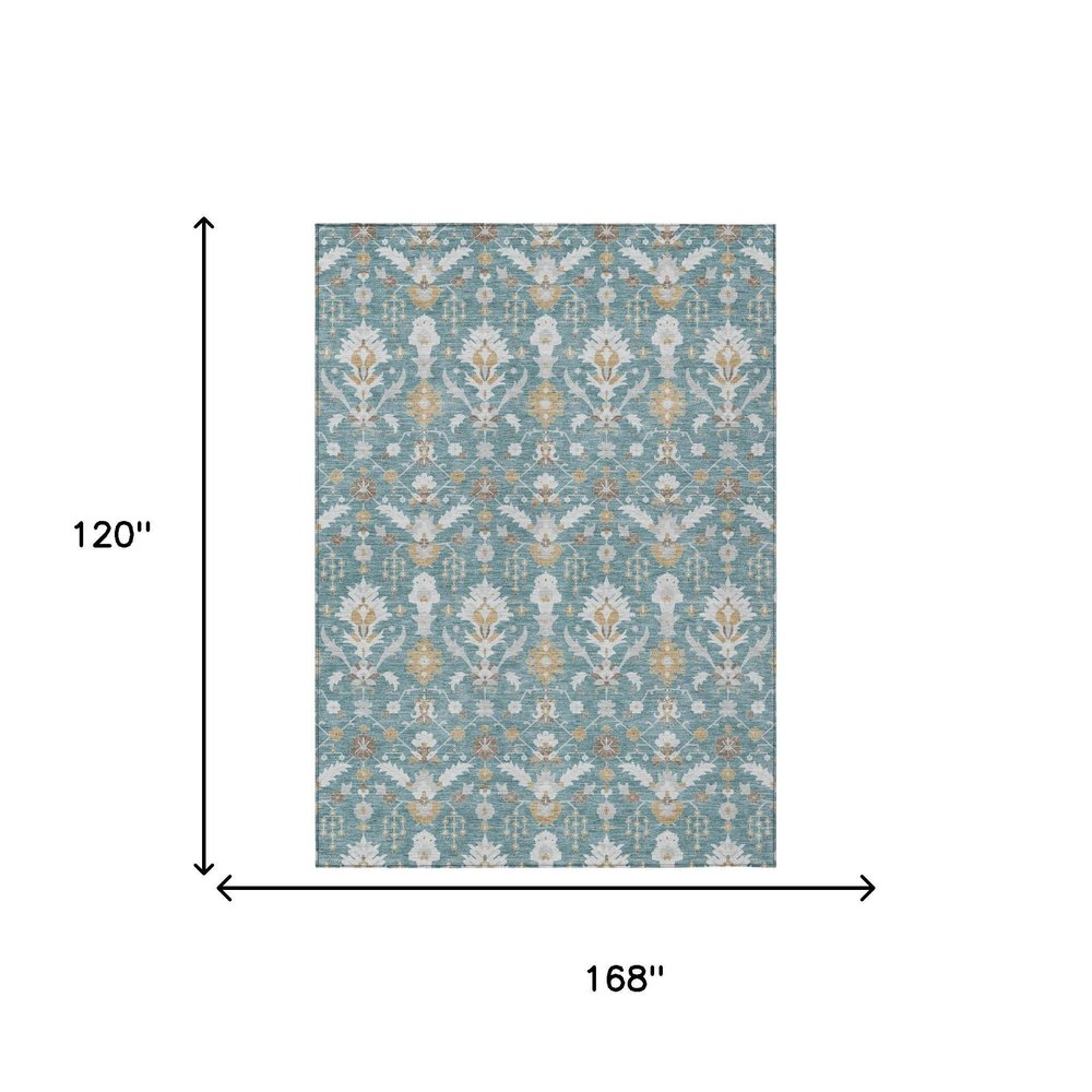 10' X 14' Teal Blue And Silver Oriental Washable Indoor Outdoor Area Rug