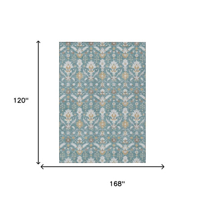 10' X 14' Teal Blue And Silver Oriental Washable Indoor Outdoor Area Rug