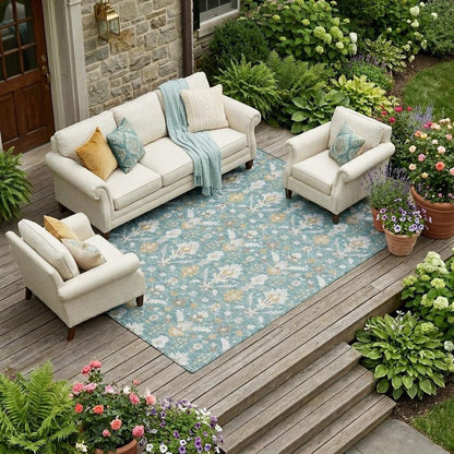 10' X 14' Teal Blue And Silver Oriental Washable Indoor Outdoor Area Rug