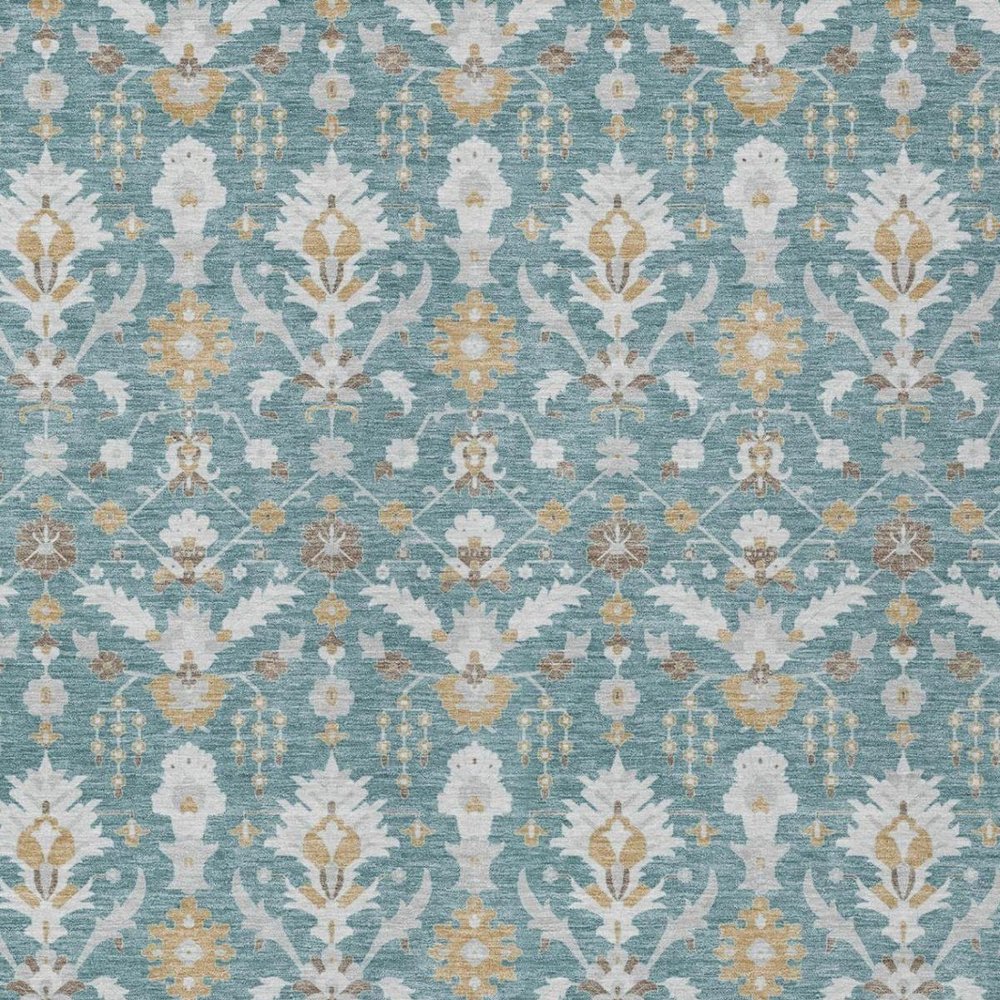 10' X 14' Teal Blue And Silver Oriental Washable Indoor Outdoor Area Rug