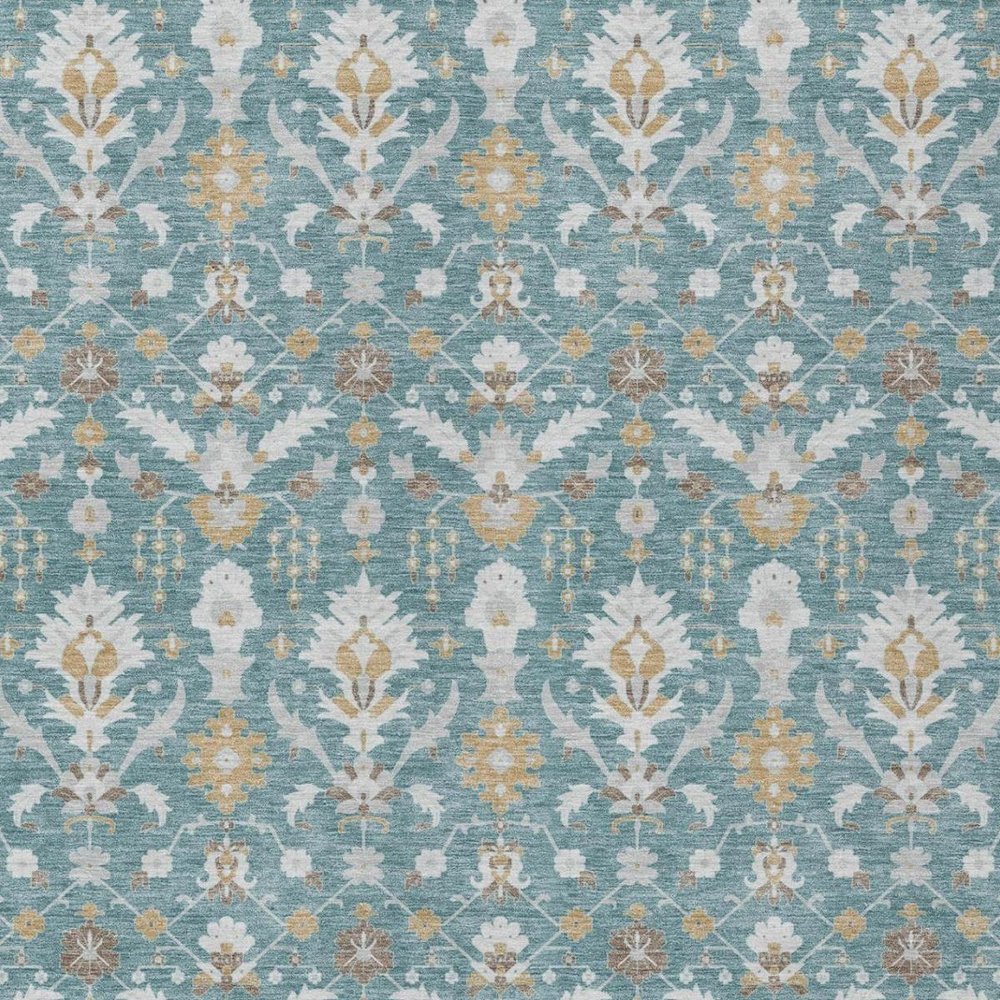 10' X 14' Teal Blue And Silver Oriental Washable Indoor Outdoor Area Rug — view 9