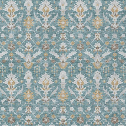 10' X 14' Teal Blue And Silver Oriental Washable Indoor Outdoor Area Rug