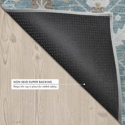 10' X 14' Teal Blue And Silver Oriental Washable Indoor Outdoor Area Rug